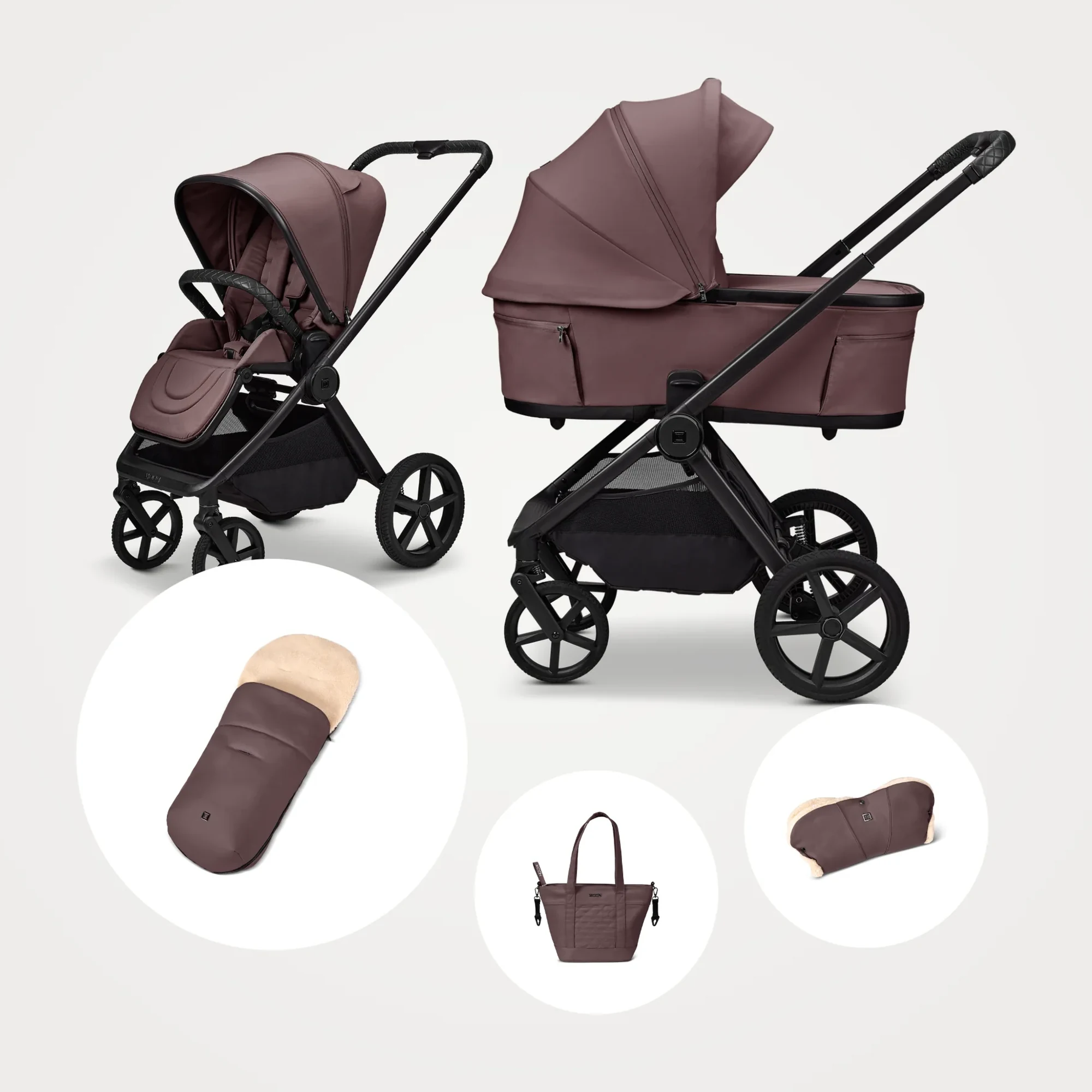 MOON GIO Fold Kombikinderwagen in tonka mit Sportsitz und faltbarer Wanne, dazu Fußsack, V-Shape Bag und Handmuff