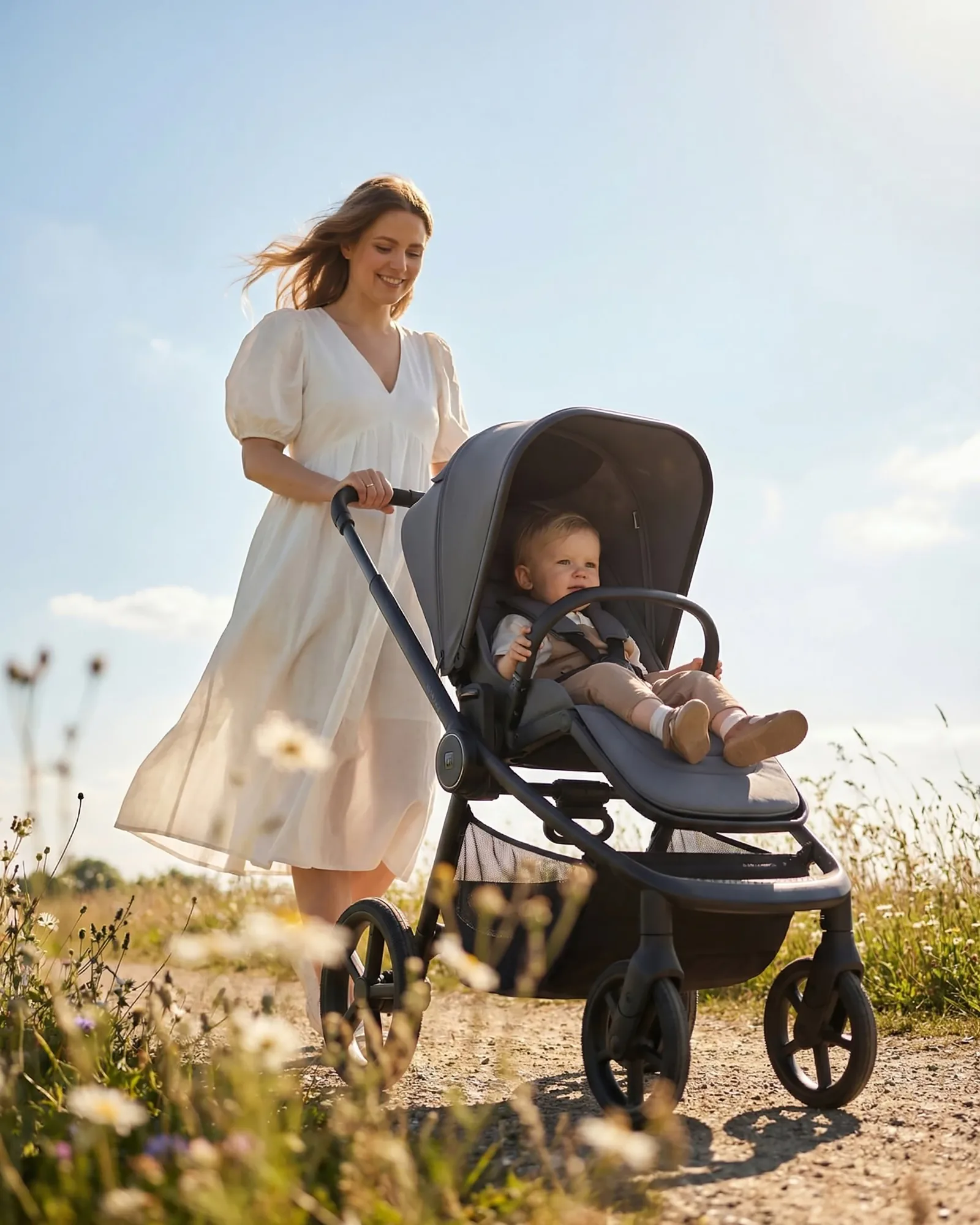 MOON RESEA Fold Kinderwagen auf der Sommerwiese, Mutter mit Kind im Sportsitz