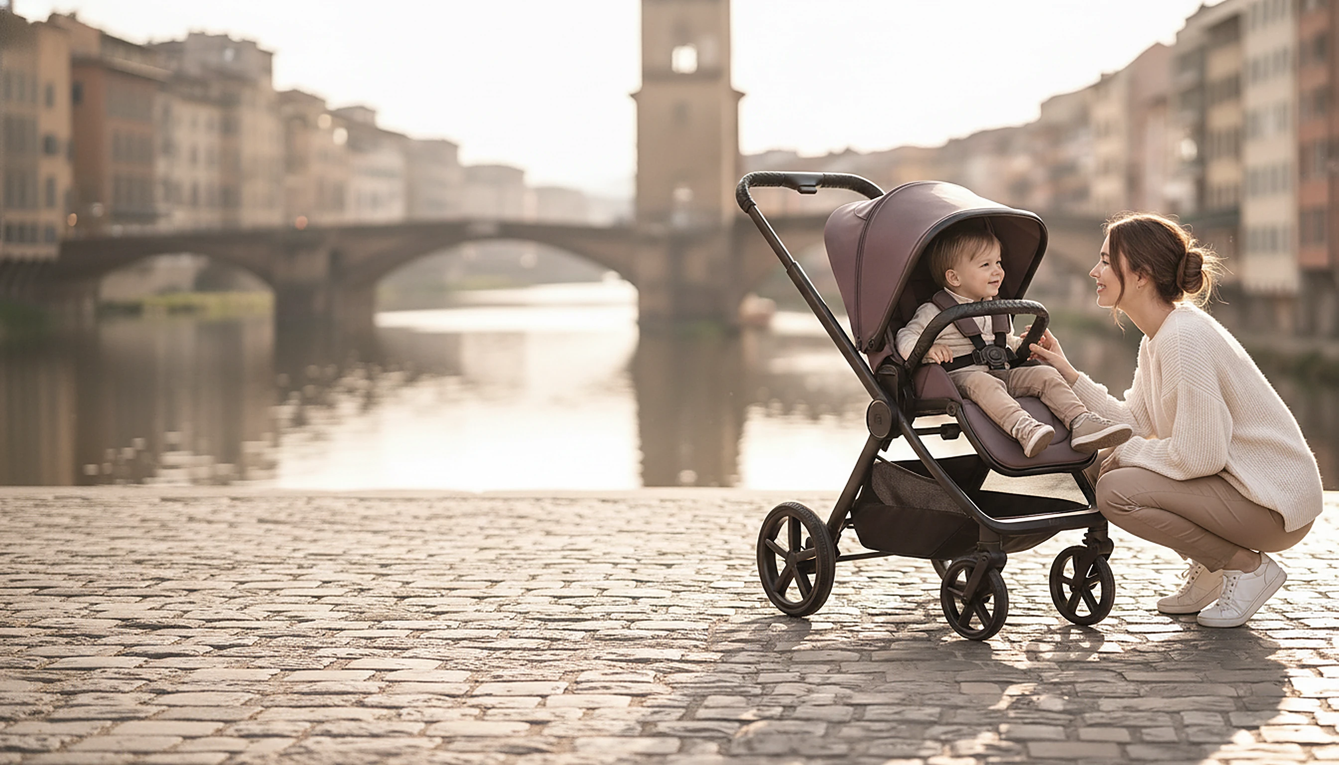Mutter mit Kleinkind im MOON Kinderwagen an einer Flusspromenade in der Stadt im goldenen Abendlicht