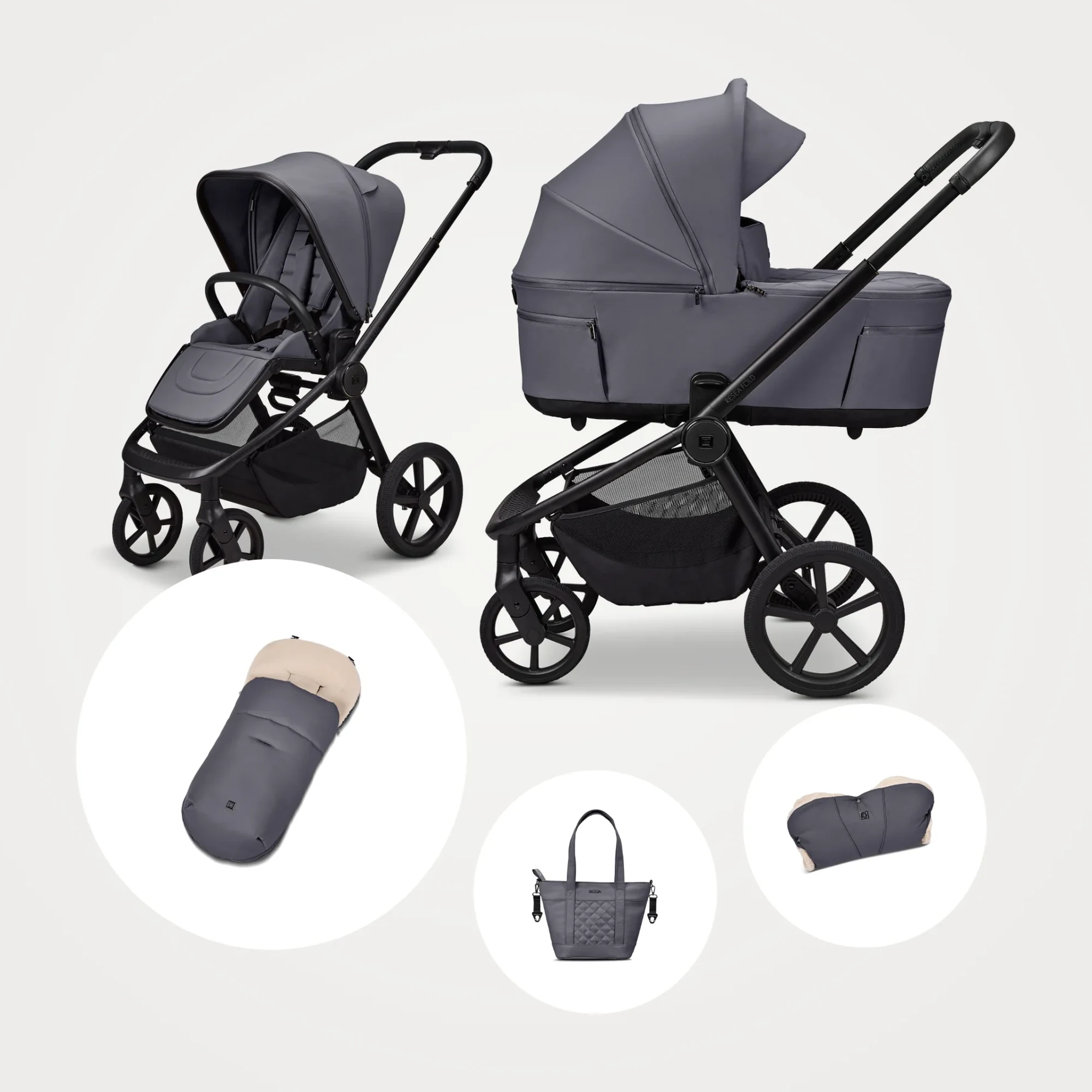 MOON RESEA Fold Kombikinderwagen in graphite mit Sportsitz und faltbarer Wanne, dazu Fußsack, V-Shape Bag und Handmuff