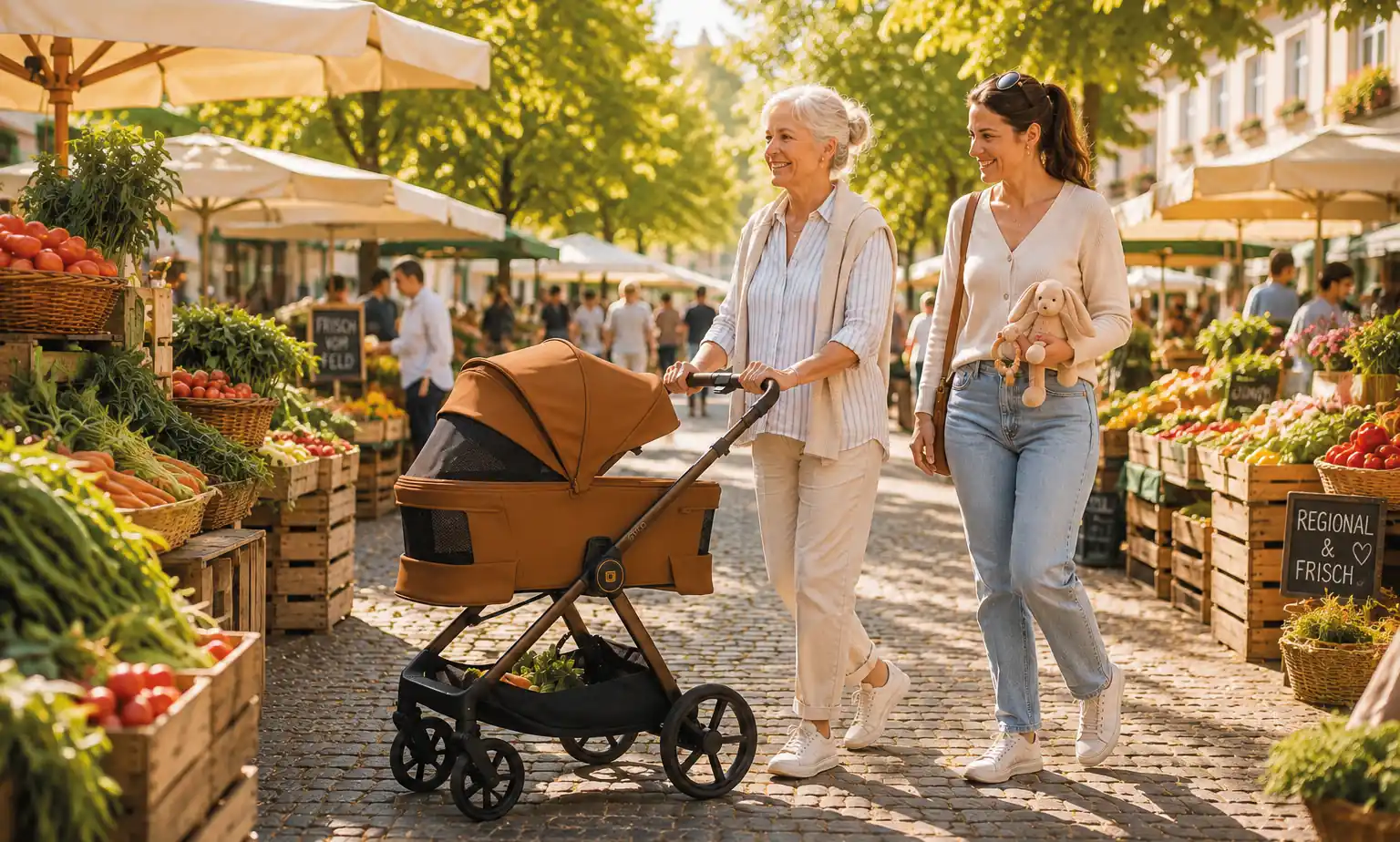 Zwei Frauen mit dem MOON STYLO Kinderwagen auf dem Wochenmarkt