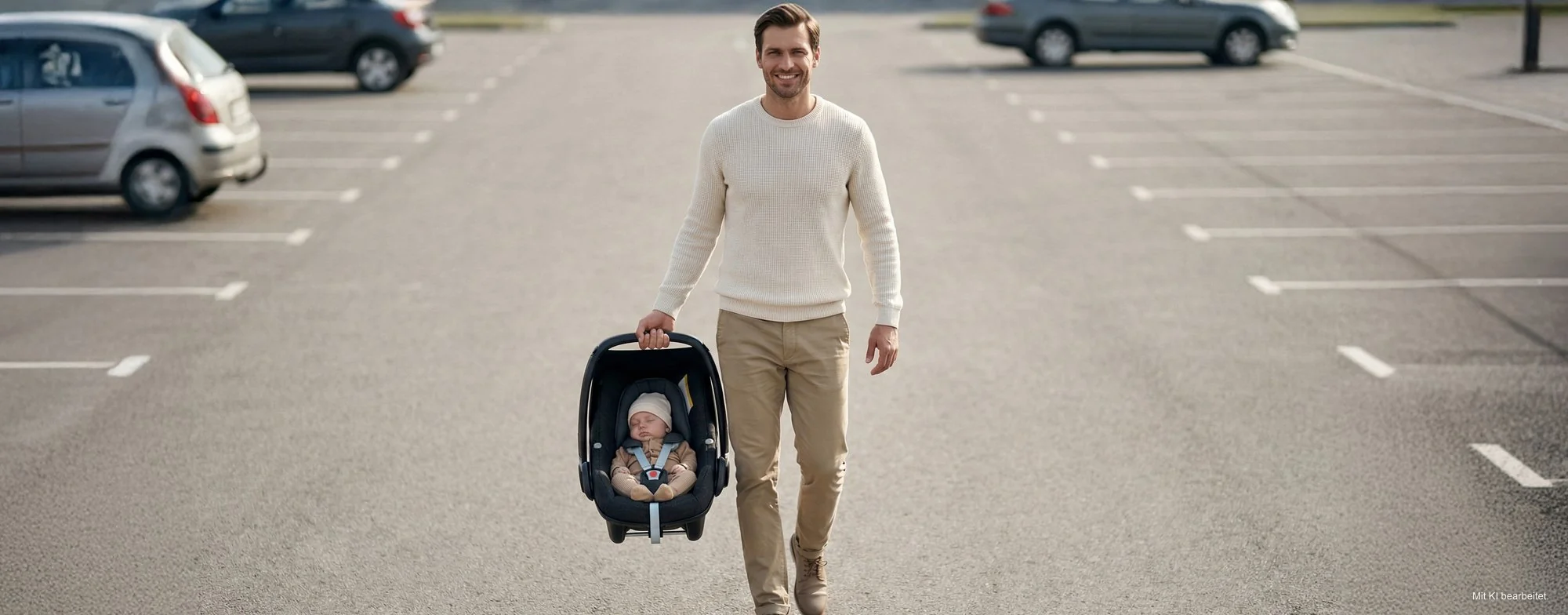 Vater trägt die MOON Babyschale COSMO 2.0 über den Parkplatz