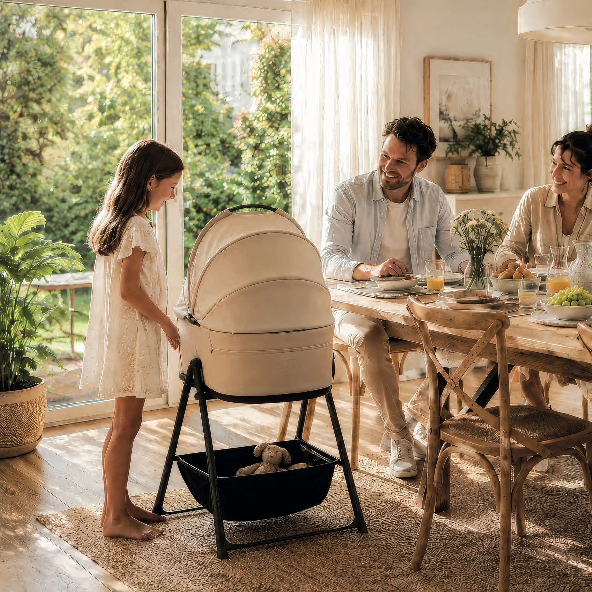 Wannenständer mit MOON Babywanne am Esstisch
