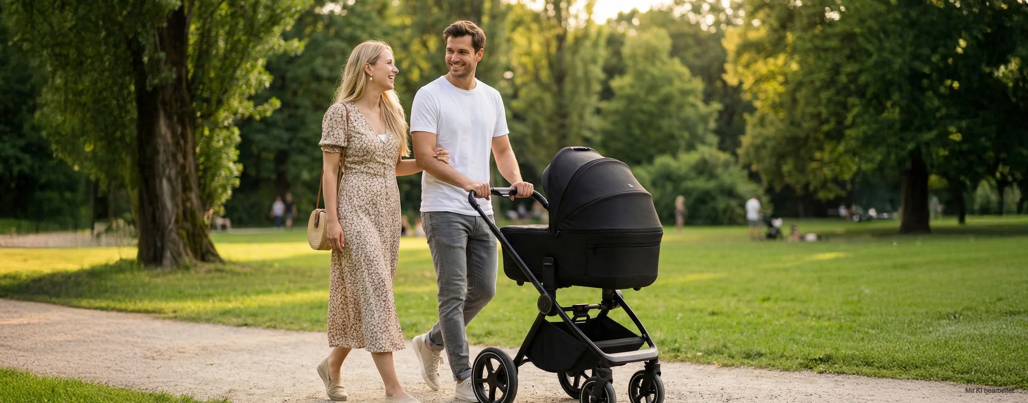 Eltern spazieren mit dem MOON Kinderwagen durch den Park