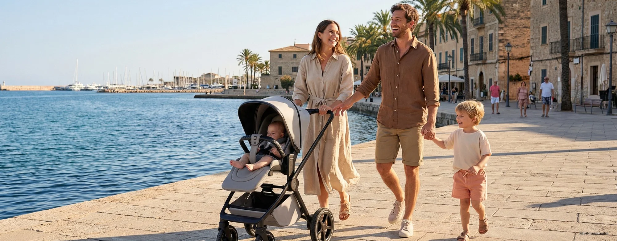 Family with the MOON pram on the harbour promenade